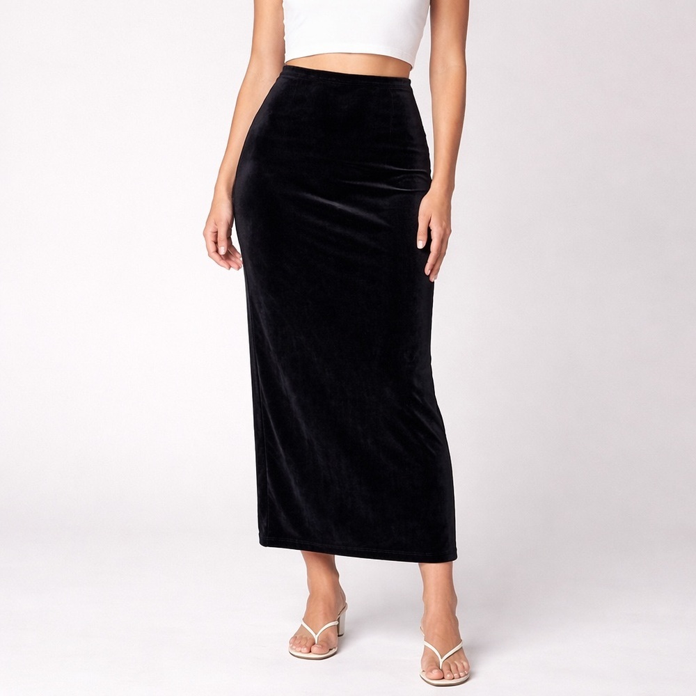 Vintage Elementz Black Midi Skirt Size M Stretch Elastic Waist Back Slit 90s - Picture 1 of 8